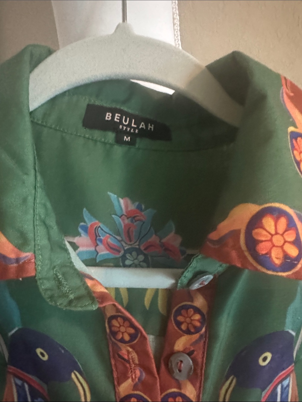 NWOT Beulah Green Button-Front Dress Bird Floral Motif SZ M pit2pit 19” 48” - Picture 4 of 10
